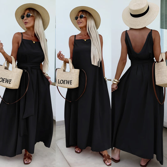 Longue robe avec poches dos en V à bretelles