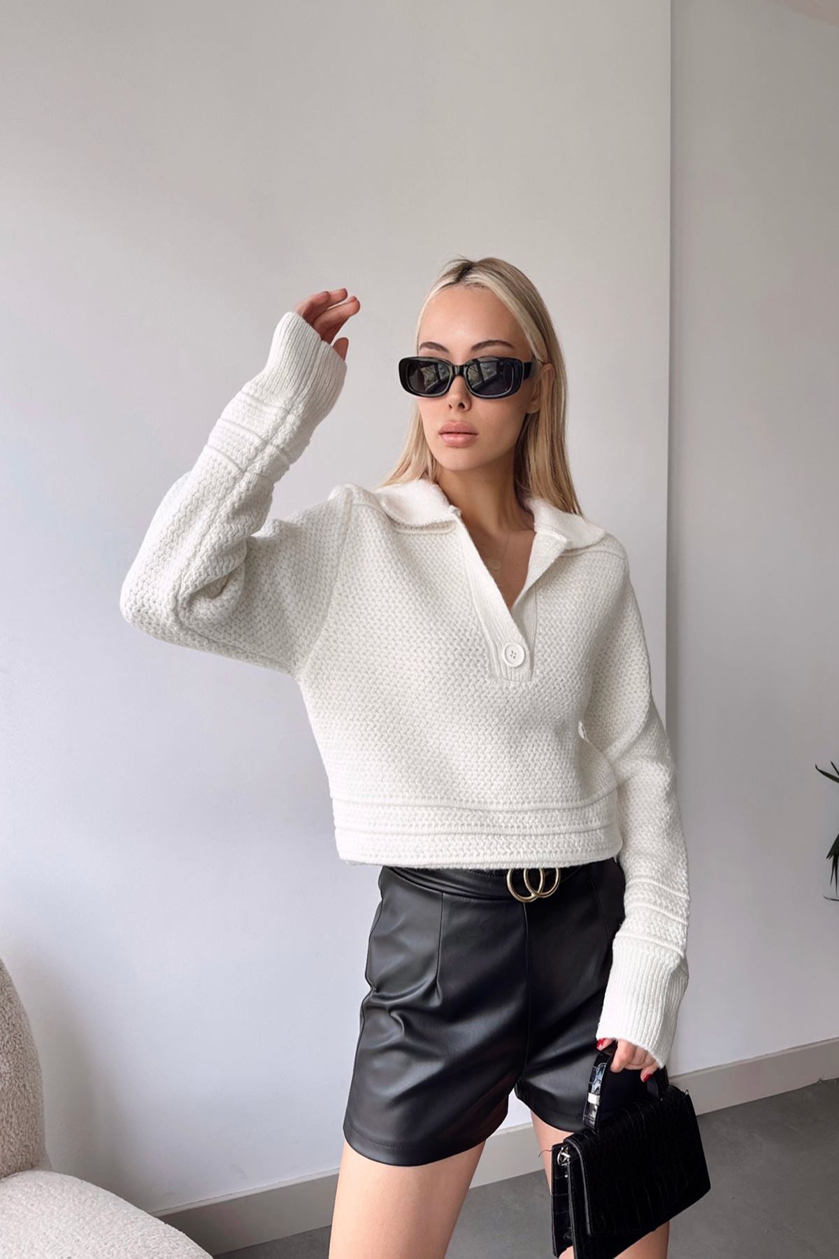 Pull Femme Manches Longues Col Fourrure Maille Ecru