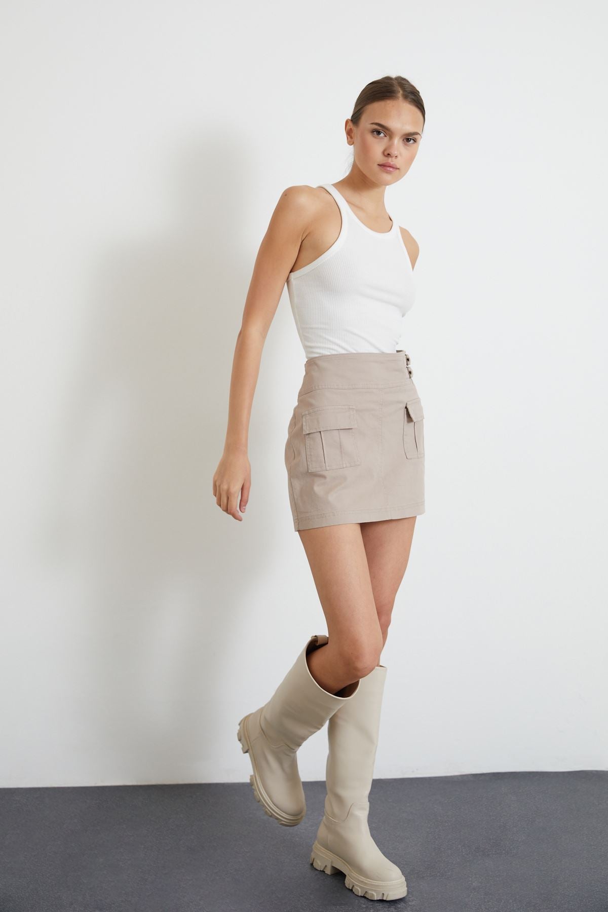 Jupe Femme Lycra Gabardine Mini Cargo Side Zipper - Beige
