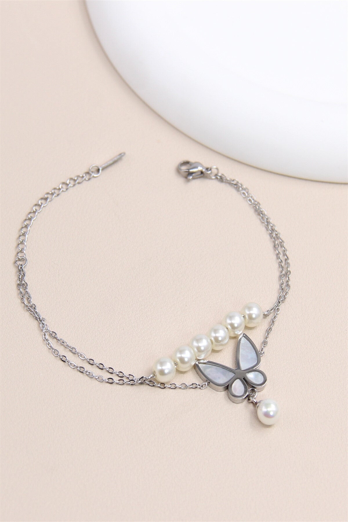 Bracelet Double Tour Papillon en Acier Inoxydable avec Perles