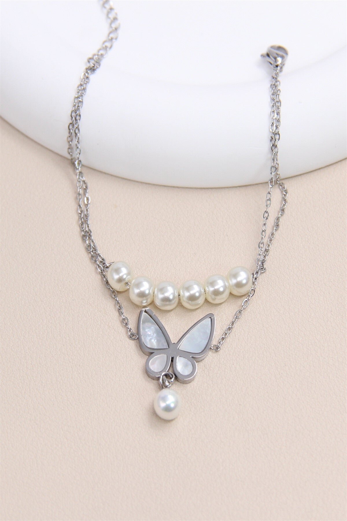 Bracelet Double Tour Papillon en Acier Inoxydable avec Perles