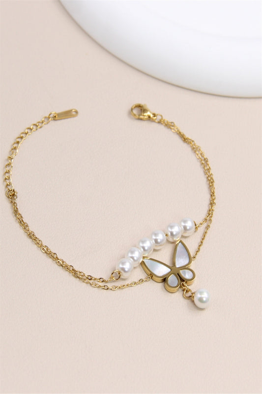Bracelet Double Tour Papillon en Acier Inoxydable avec Perles