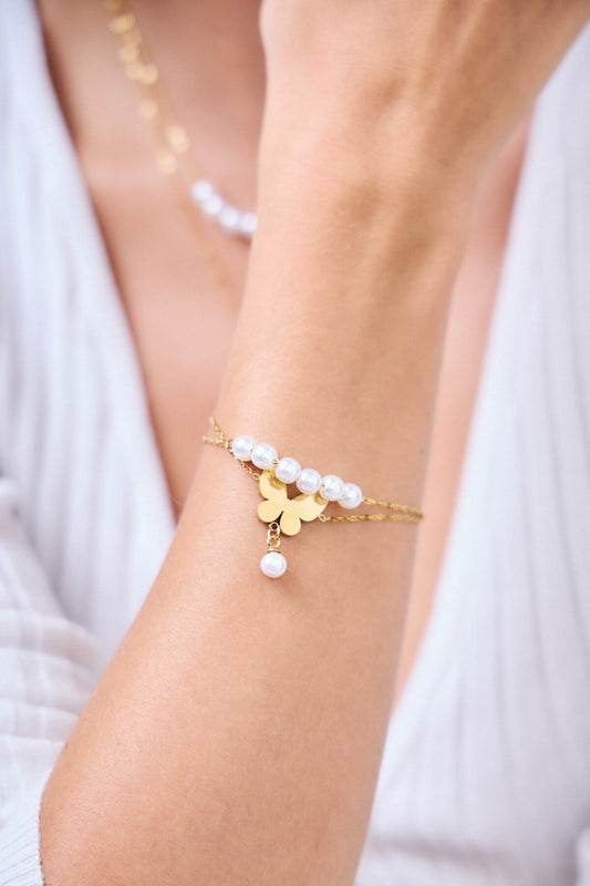 Bracelet Double Tour Papillon en Acier Inoxydable avec Perles