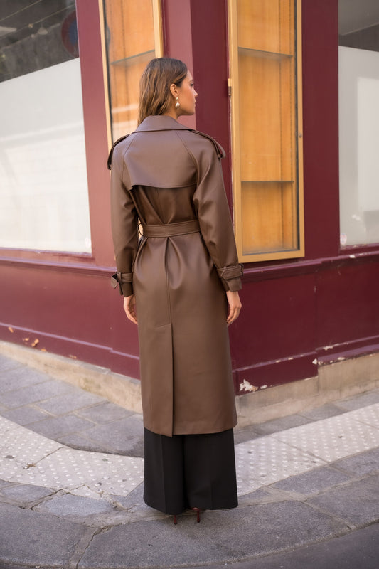 Veste trench long en cuir vegan