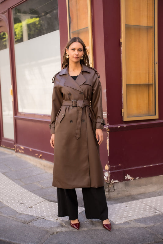 Veste trench long en cuir vegan